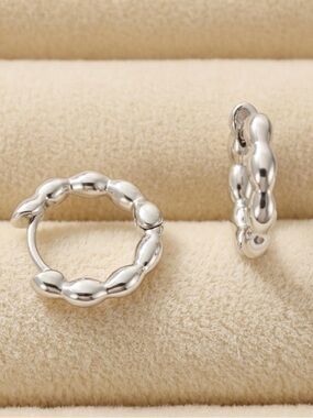 Platinum Plated Water Resistant Bubble Hoop Earrings | 0.5" Silver Huggies
